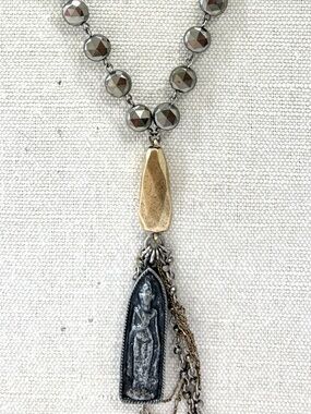 Saint Medallion with Tassels Metallic Oxidized Rosary‑Style Pendant Necklace NWT